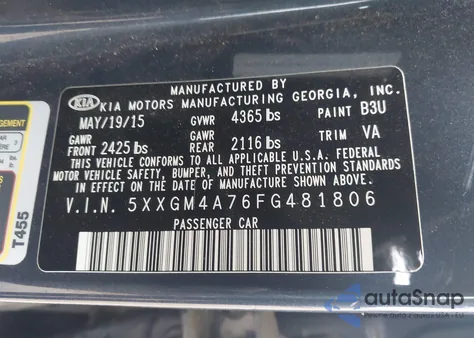 2015 Kia Optima Lx z USA, uszkodzony, nr VIN 5XXGM4A76FG481806